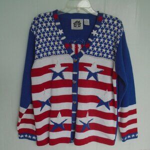 Storybook Knits Women Patriotic Christmas Cardigan Sweater Size M Red/White/Blue